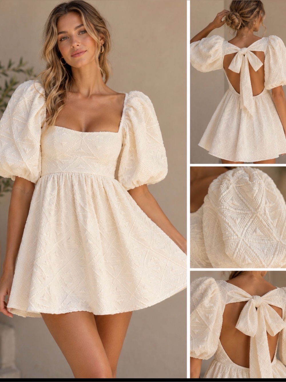 Free People “Violet” Babydoll Ivory Puff Sleeve Open Back Bow Dress, Small